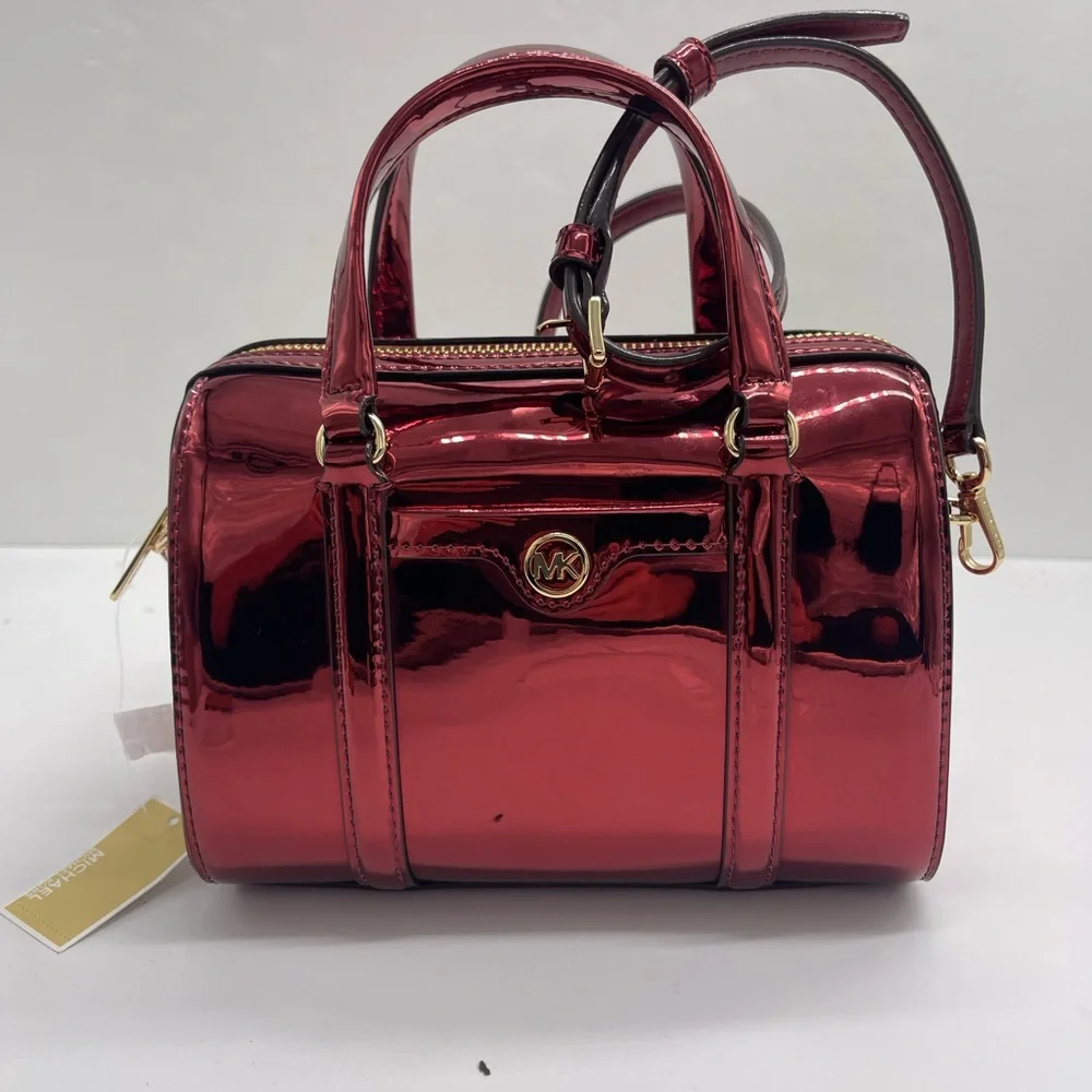 MICHAEL KORS Jet Set Sm Metallic Convertible Crossbody Duffle XBODY Cherry NWT